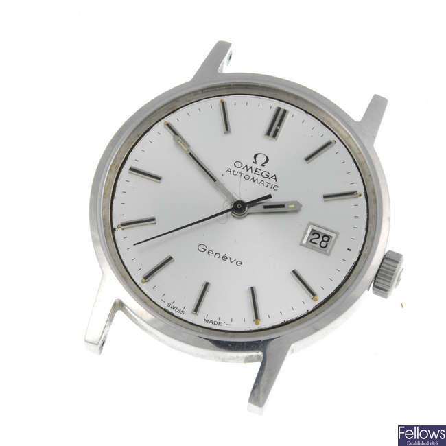 OMEGA - a gentleman's stainless steel Geneve watch head together with a mid-size Raymond Weil
