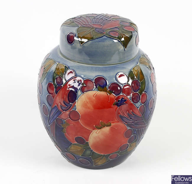 A Moorcroft finches jar and cover
