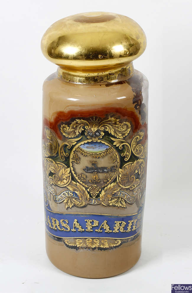 A large and impressive late Victorian painted glass Sarsaparilla jar