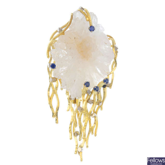 A 1970s 18ct gold sapphire and rock crystal brooch.