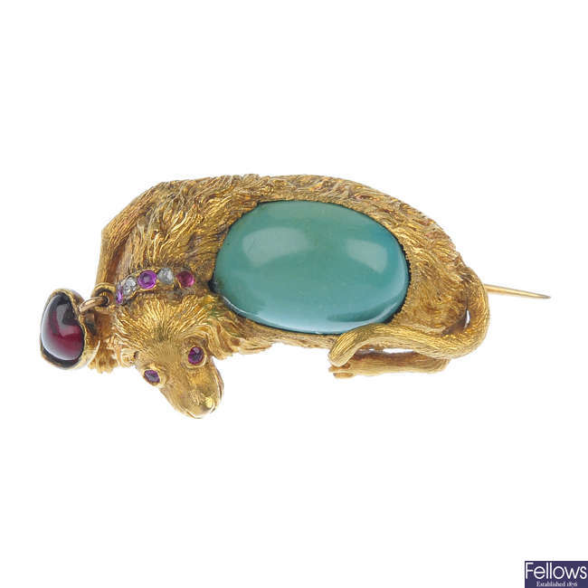 A mid 19th century 18ct gold multi-gem dog brooch.