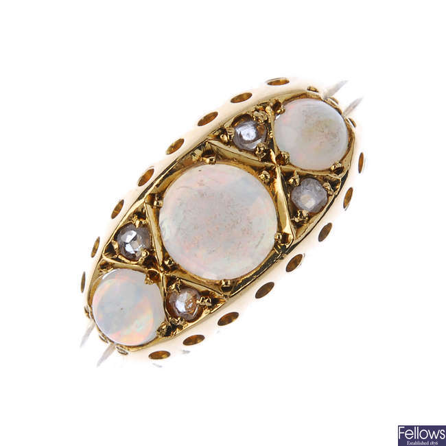 An early 20th century 18ct gold opal and diamond ring. 