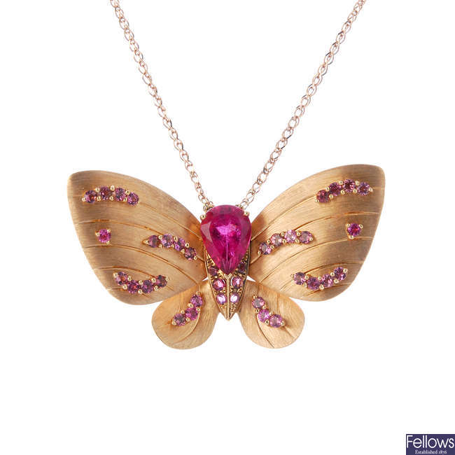 FEI LIU - an 18ct gold tourmaline and sapphire butterfly pendant, on chain.