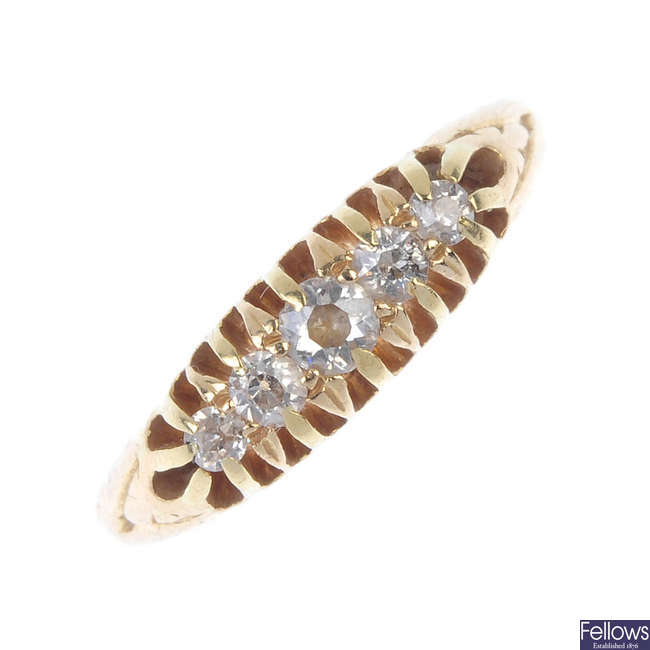 An Edwardian 18ct gold diamond five-stone ring.