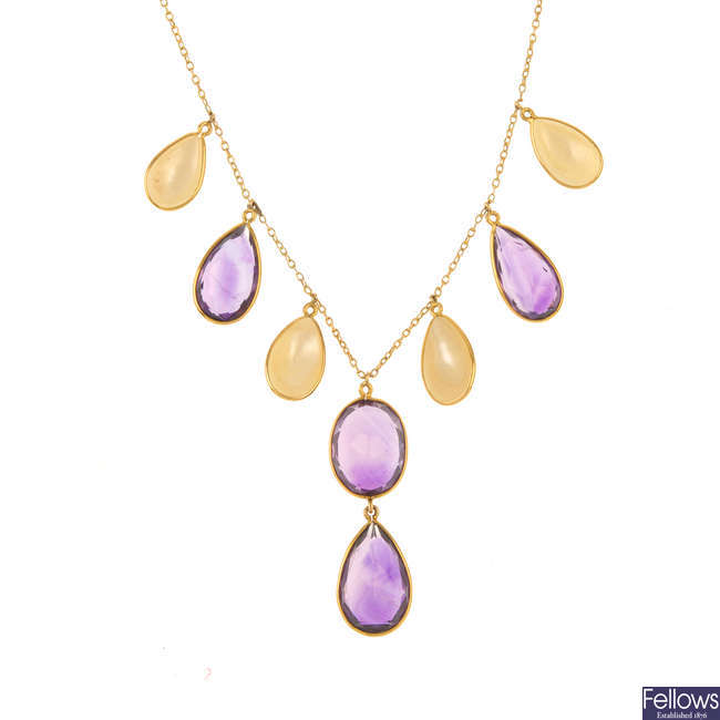 An amethyst and mother-of-pearl fringe necklace.