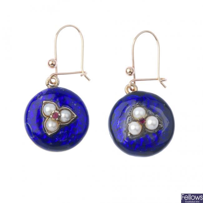 A pair of gem-set and enamel ear-pendants.