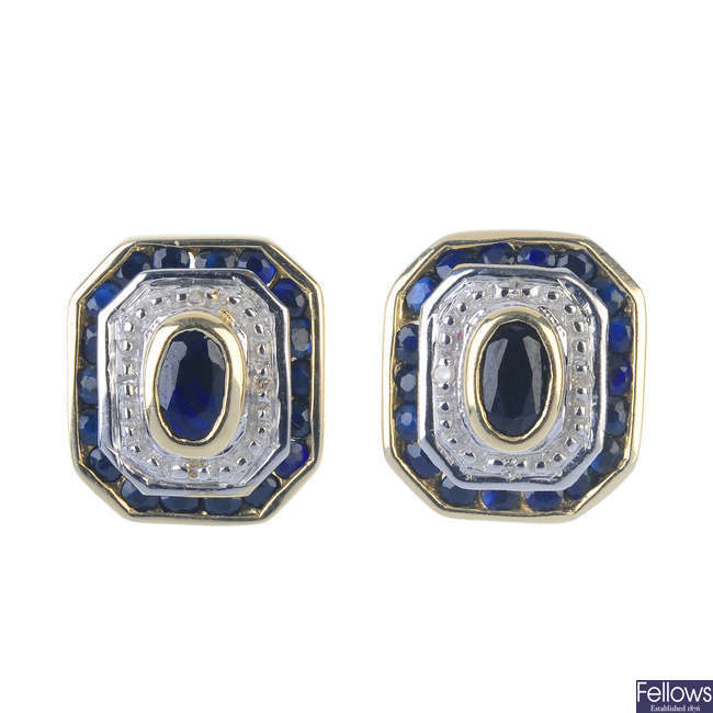 A pair of 9ct gold sapphire and diamond ear studs.