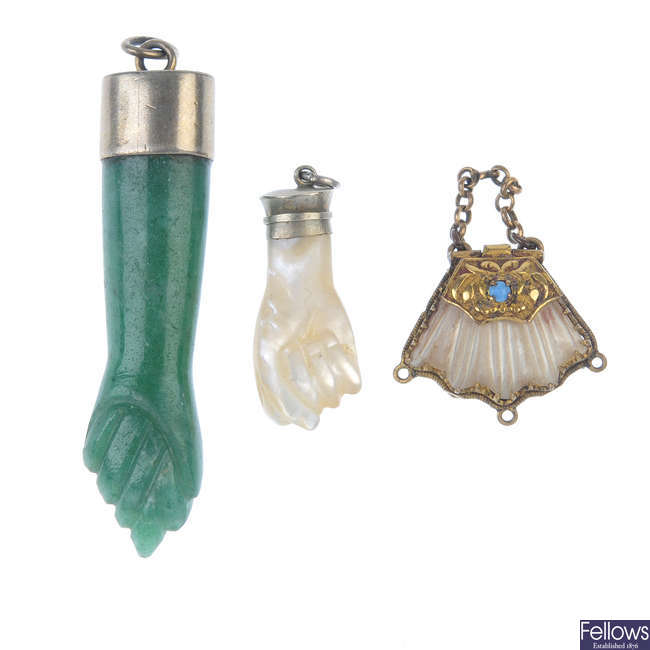 Two gem hand pendants and a late 19th century mother-of-pearl hinged purse pendant.