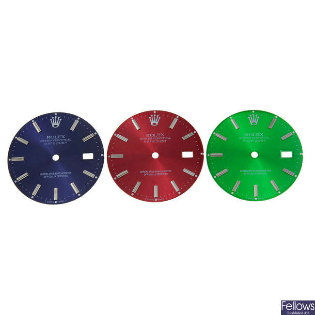 A group of dials in the style of Rolex. Approximately 17.
