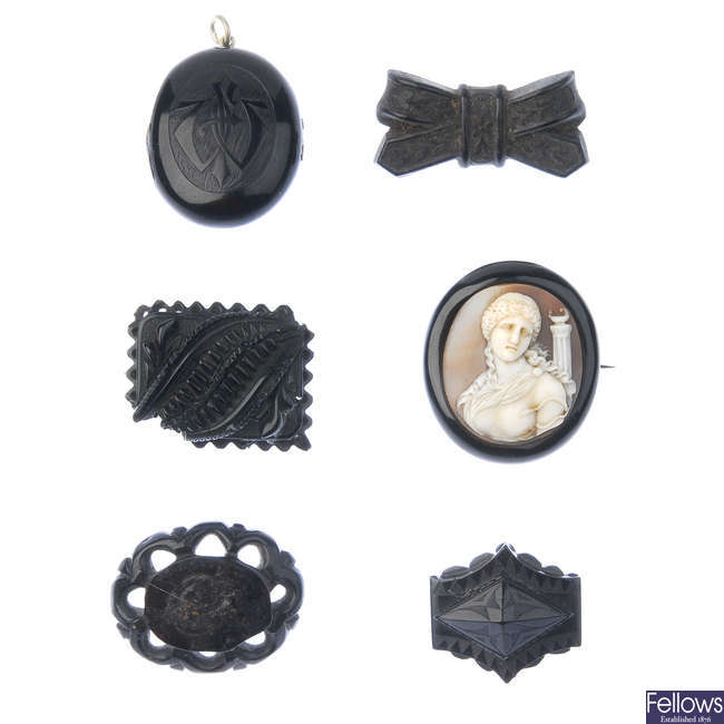 A selection of mainly late 19th century jet jewellery.
