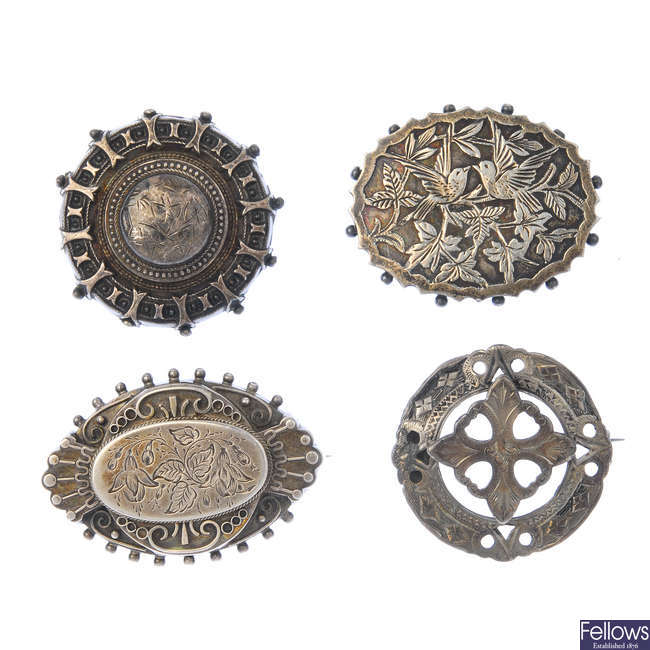 A selection of mainly late Victorian silver brooches.