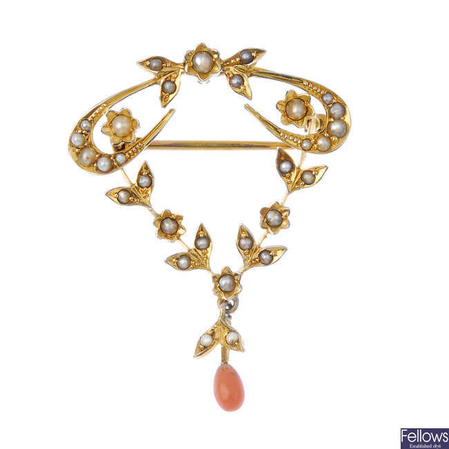 An early 20th century gold, split pearl and coral pendant.