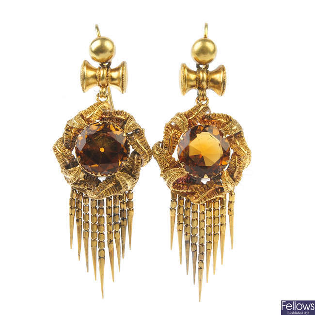 A pair of citrine ear pendants. 