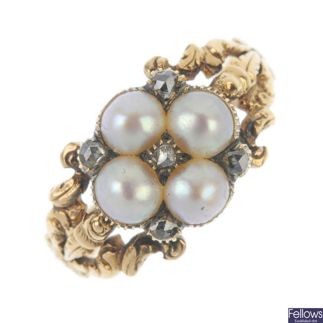 A late 19th century 18ct gold split pearl and diamond memorial ring.