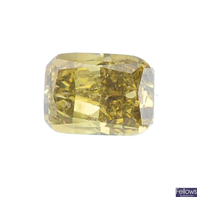 A rectangular-shape 'brownish greenish yellow' diamond, weighing 0.70ct