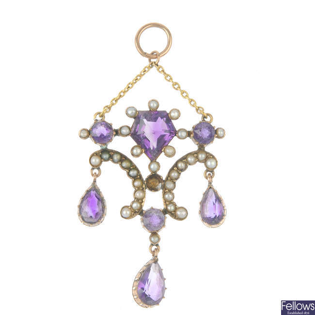A late 19th century century gold amethyst and split pearl pendant.