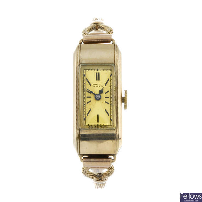 ROLEX - a lady's 9ct yellow gold Princess bracelet watch.