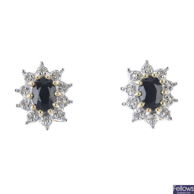 A pair of 9ct gold sapphire and diamond cluster ear studs.