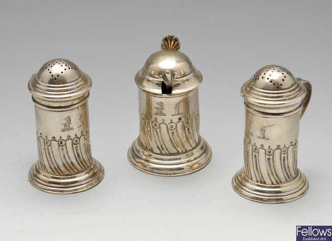 A late Victorian three-piece silver condiment set. 