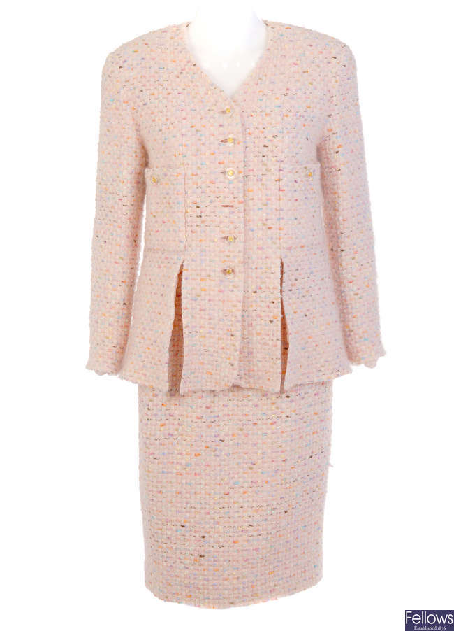 CHANEL - a boucle wool pale pink skirt suit.