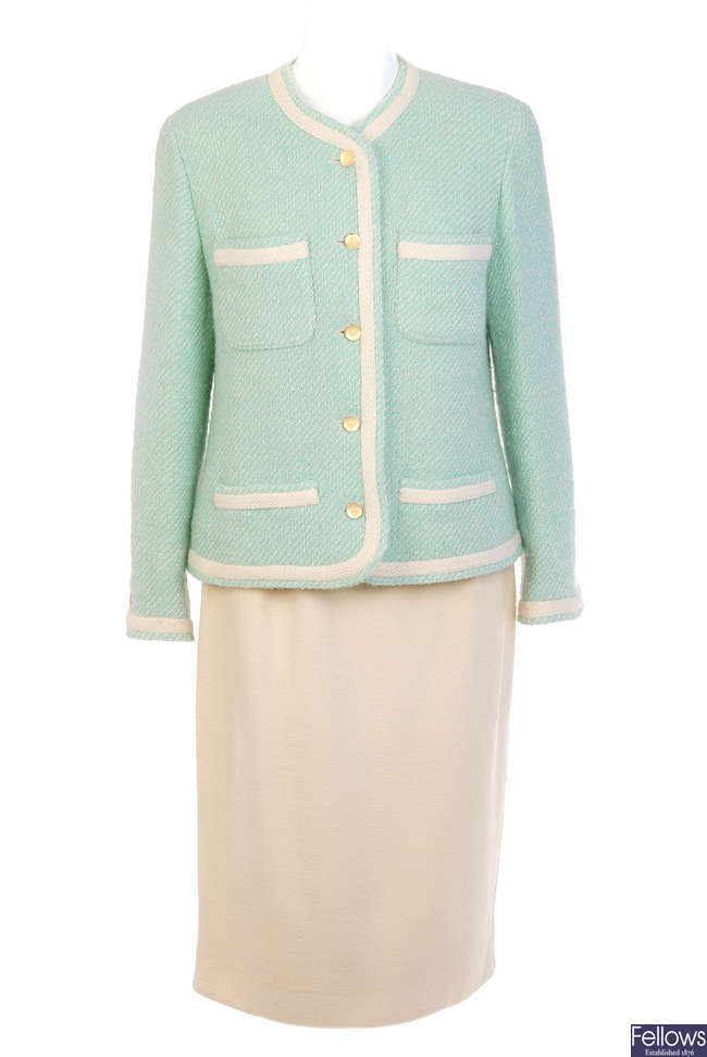 CHANEL - a mint green and cream suit.