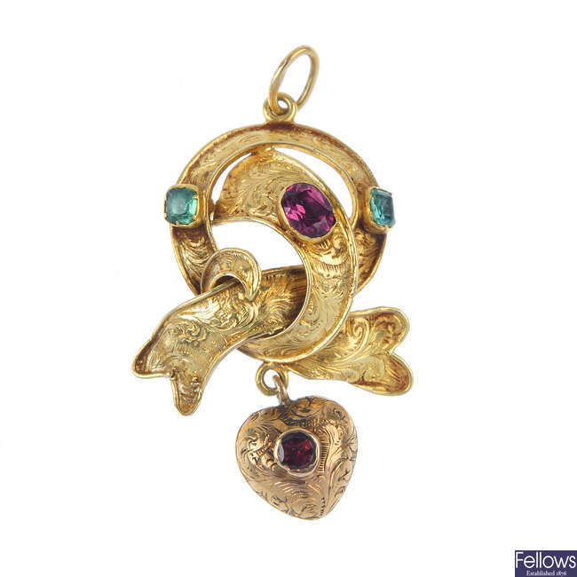 A mid 19th century gold emerald and garnet pendant.