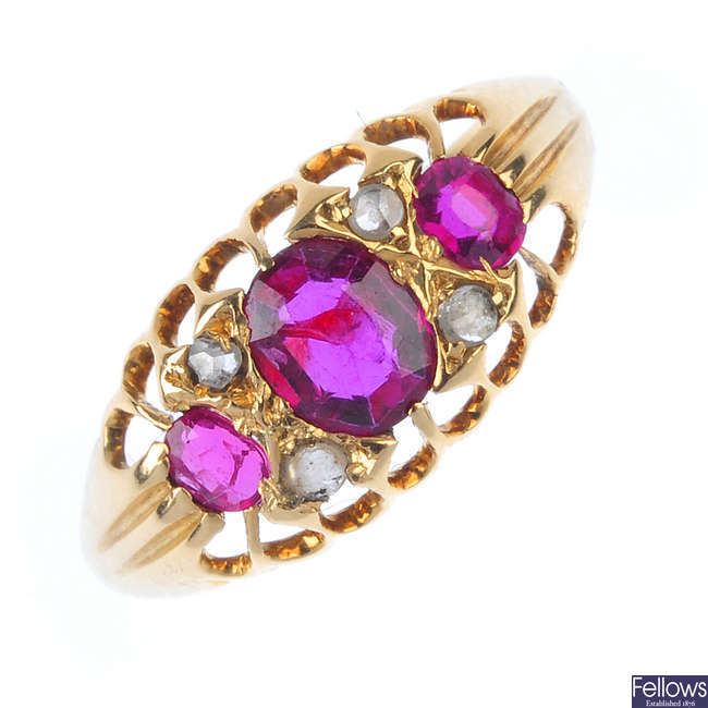 An early 20th century 18ct gold ruby and diamond dress ring.