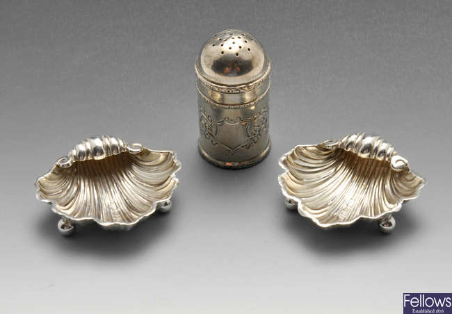 A small selection of Victorian and later silver condiments. 