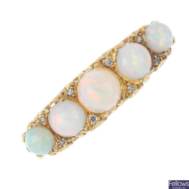 A mid 20th century 18ct gold opal and diamond five-stone ring.
