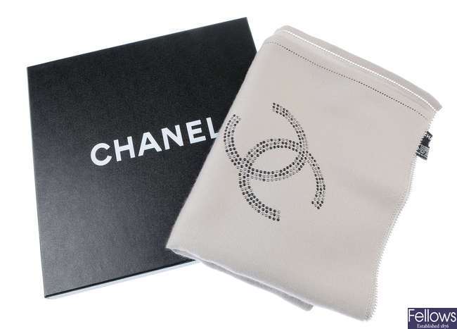 CHANEL - a grey cashmere silk blend scarf.