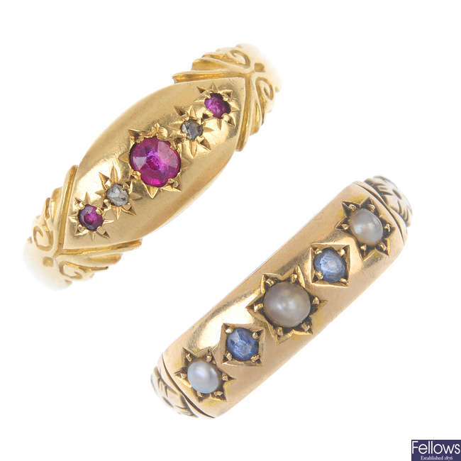 Two late Victorian gold gem-set dress rings.