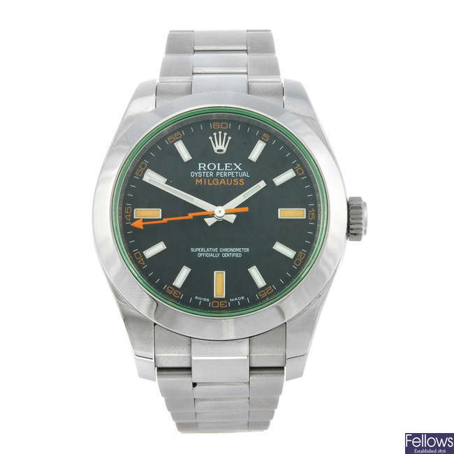 CURRENT MODEL: ROLEX - a gentleman's stainless steel Oyster Perpetual Milgauss bracelet watch.