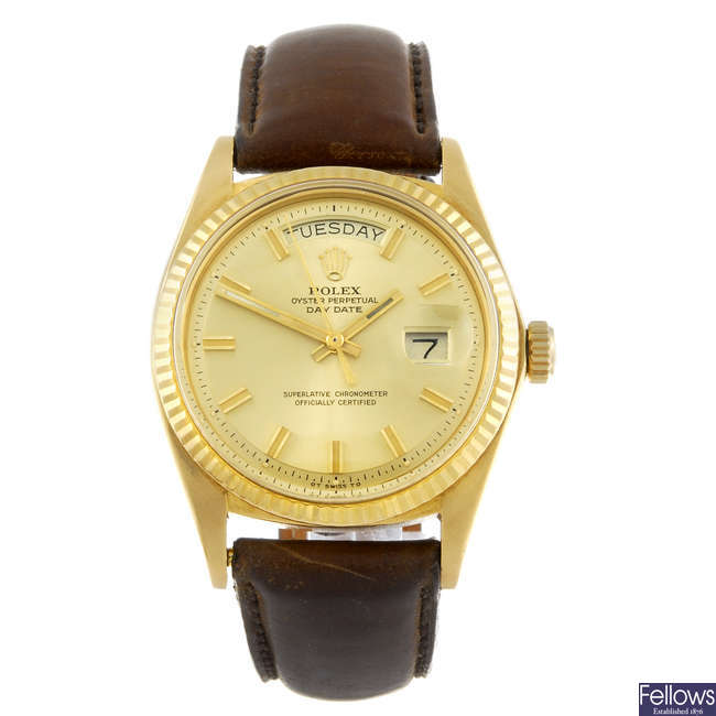 ROLEX - a gentleman's yellow metal Oyster Perpetual Day-Date wrist watch. 