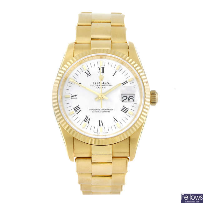 ROLEX - a gentleman's 18ct yellow gold Oyster Perpetual Date bracelet watch.