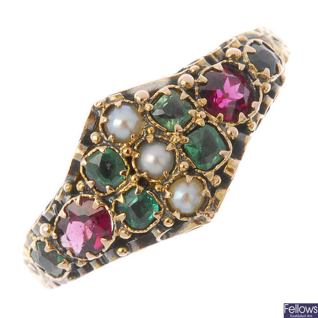 A mid Victorian 15ct gold gem set ring.