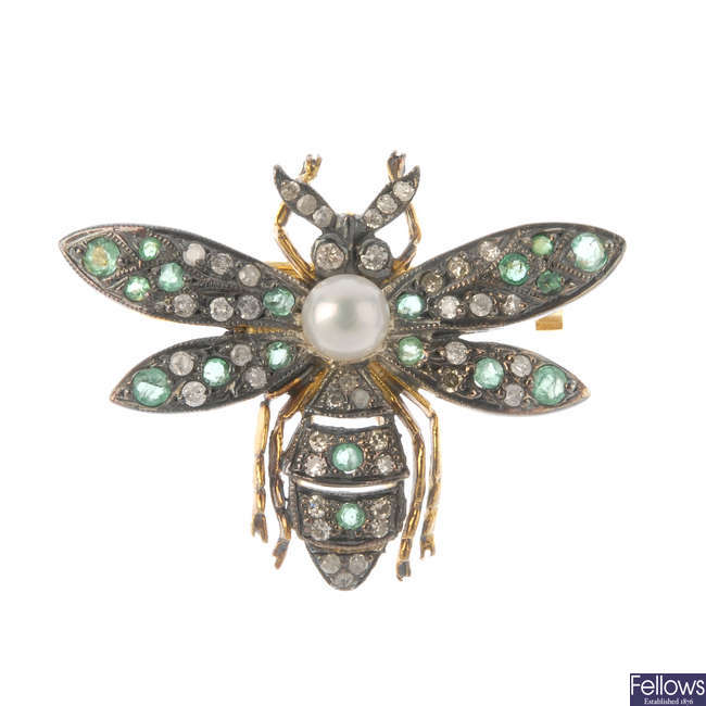 A cultured pearl, diamond and emerald bee brooch.