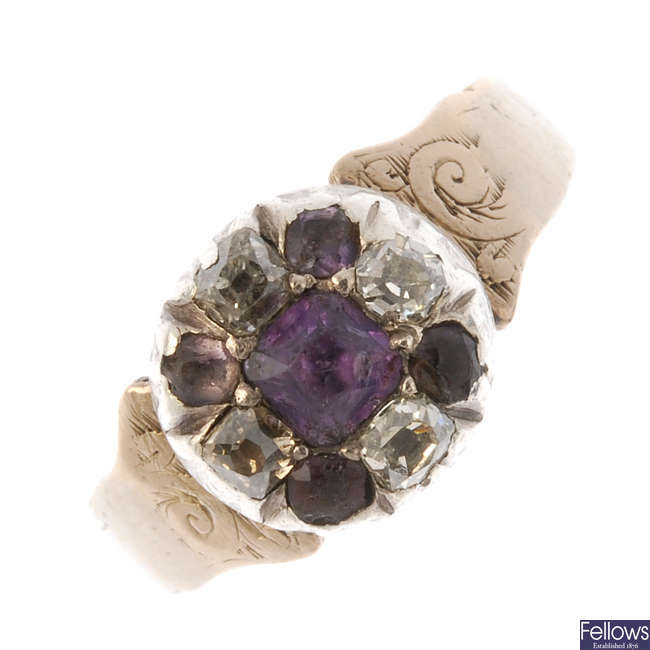 A Georgian silver and gold amethyst and diamond cluster ring.