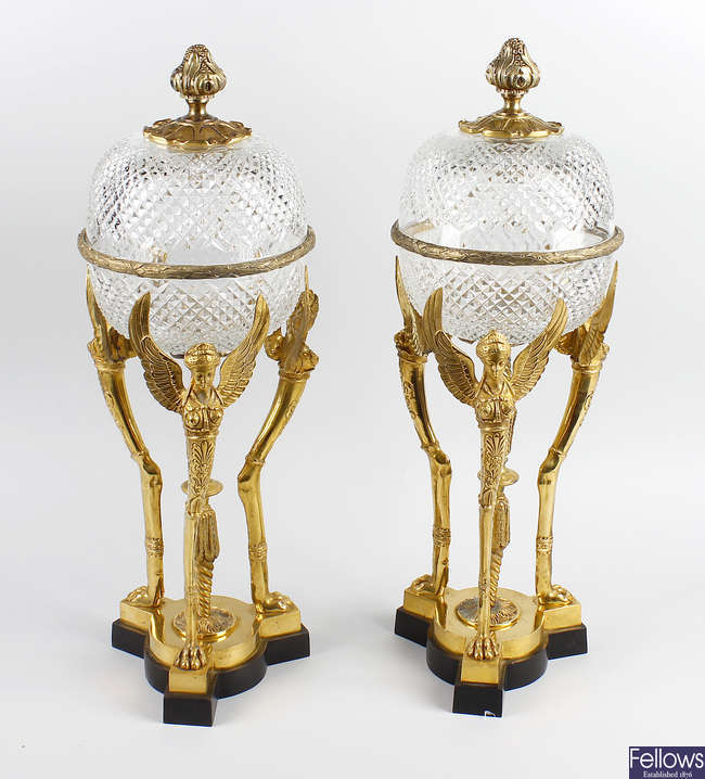 A pair of gilt metal and cut glass pedestal bowls.