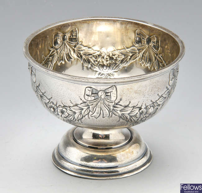 An Edwardian silver pedestal bowl, plus a 1970's pedestal dish. 