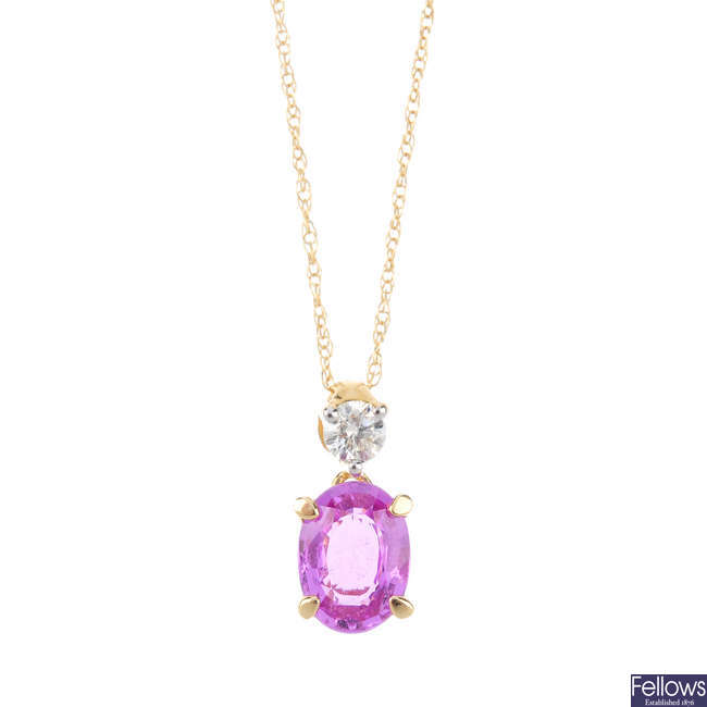A 14ct gold sapphire and diamond pendant, with chain.