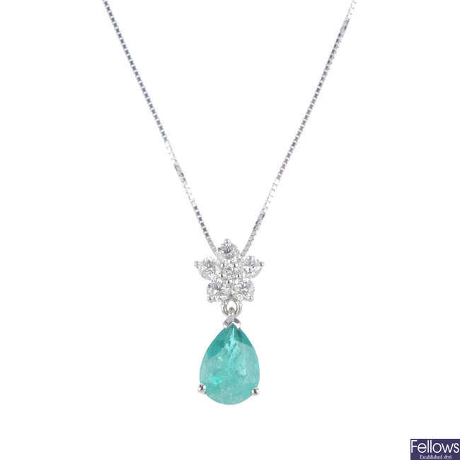 An emerald and diamond pendant, with 18ct gold chain.