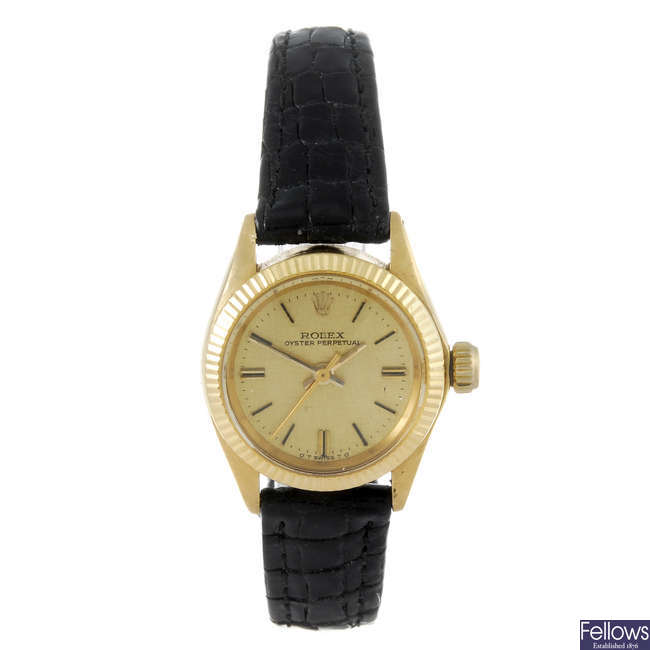 ROLEX - a lady's 18ct yellow gold Oyster Perpetual wrist watch.
