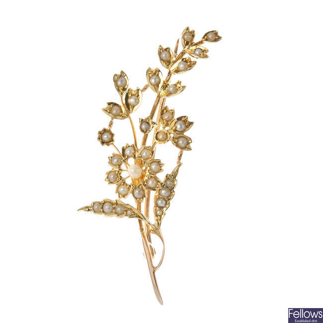 An early 20th century 15ct gold split pearl floral spray brooch.