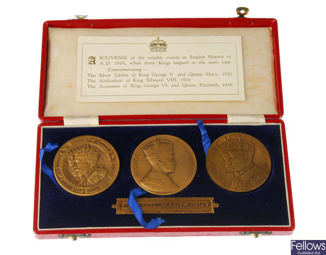 Great Britain, the Three British Kings of 1936, cased set of three bronze medals for George V, Edward VII, George VI.
