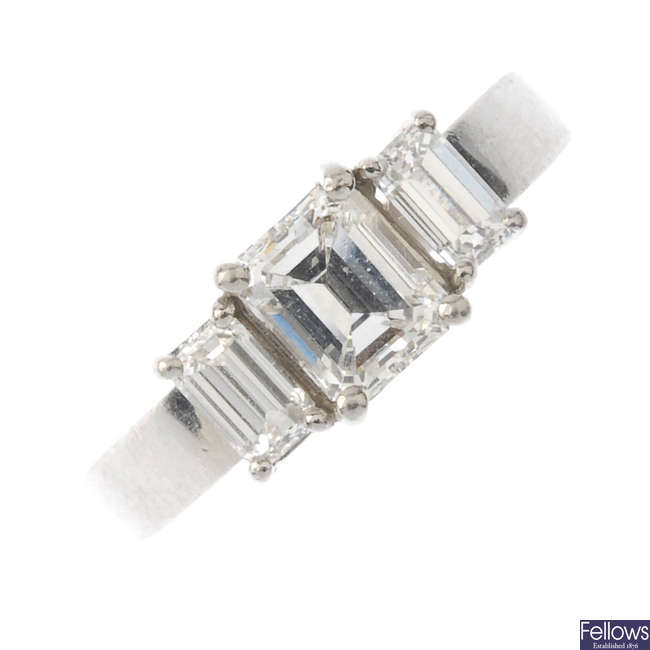 A platinum diamond three-stone ring. 