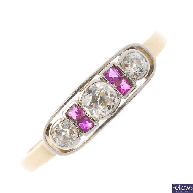 An early 20th century 18ct gold, diamond and ruby ring.