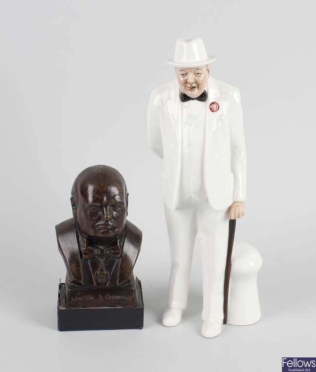 A Royal Doulton figurine 'Sir Winston Churchill' HN3057 together with a bronzed resin, head and shoulder bust of 'Winston S Churchill'.