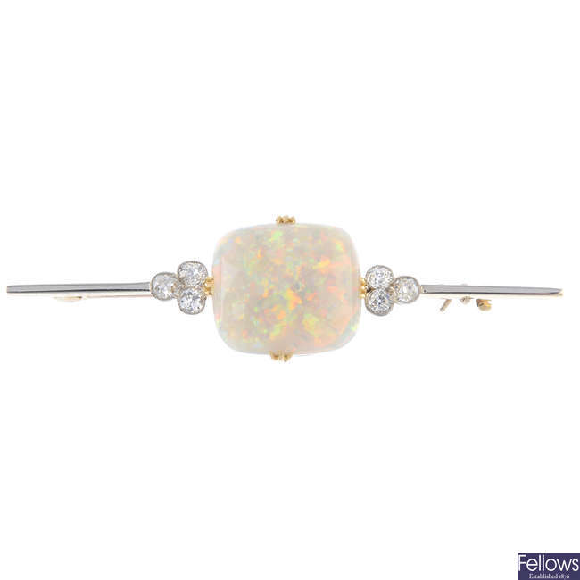 An opal and diamond bar brooch.