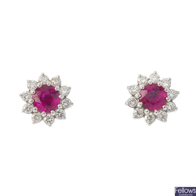A pair of 18ct gold ruby and diamond cluster ear studs.