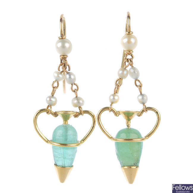 A pair of emerald and seed pearl earrings.